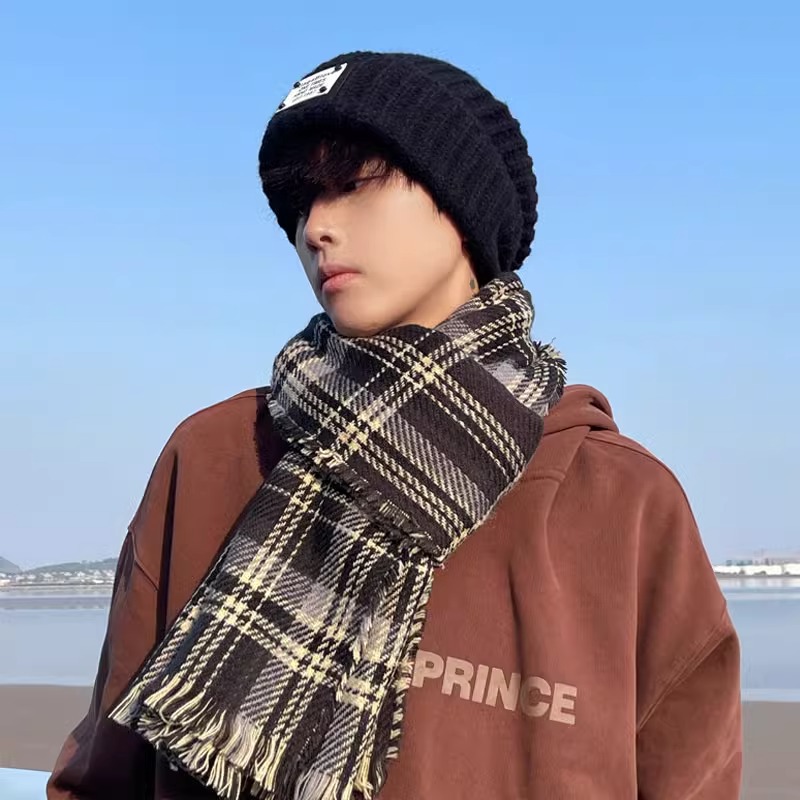 格子围巾男秋冬季韩版针织毛线加厚保暖学生围脖送男朋友生日礼物