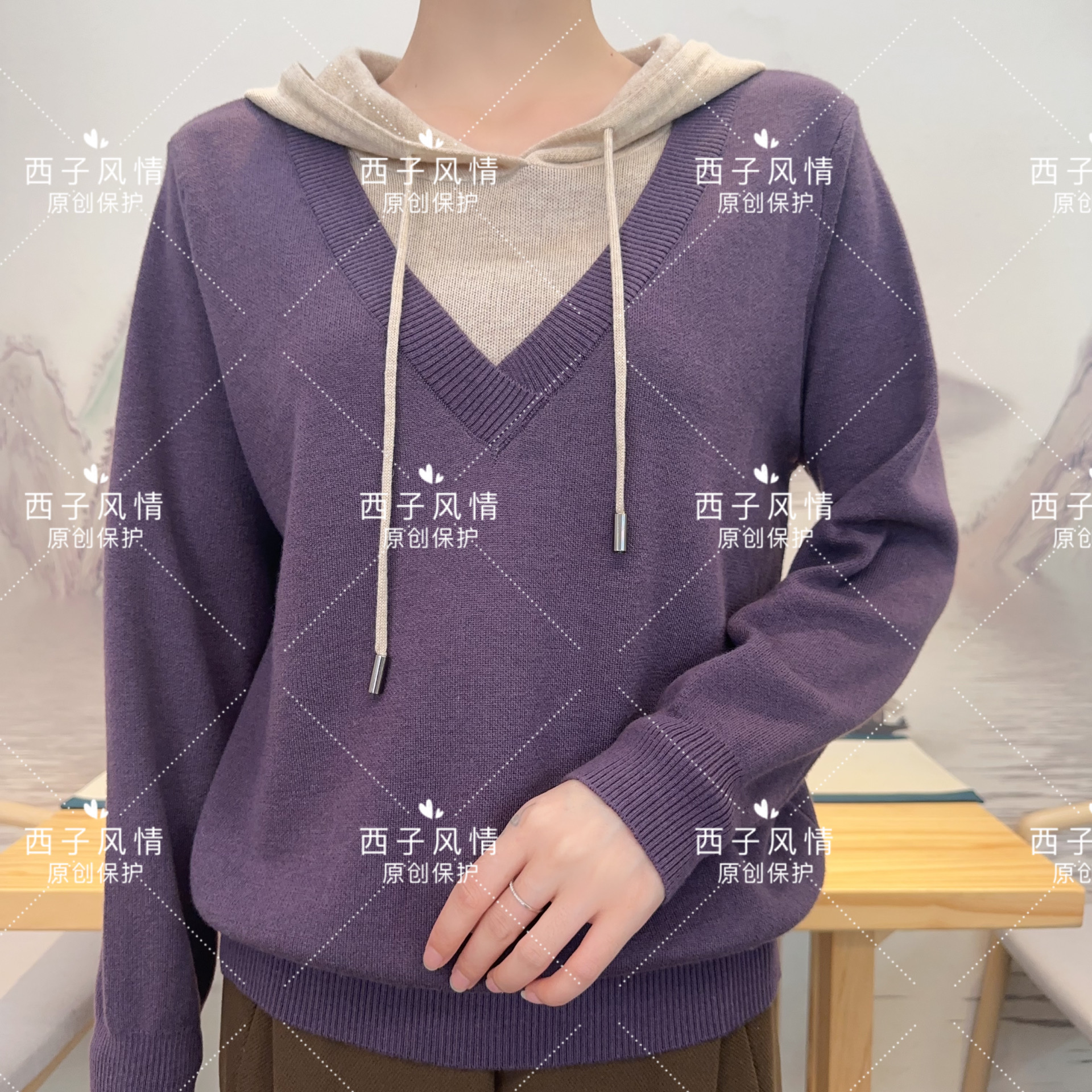 西子风情  紫色假两件秋季新款时尚连帽套头针织毛衣
