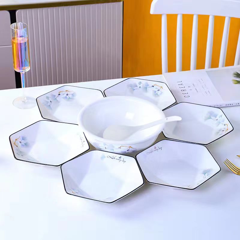 银杏花开团圆8件套拼盘加厚六角盘送勺子陶瓷钻石盘家用菜盘餐具
