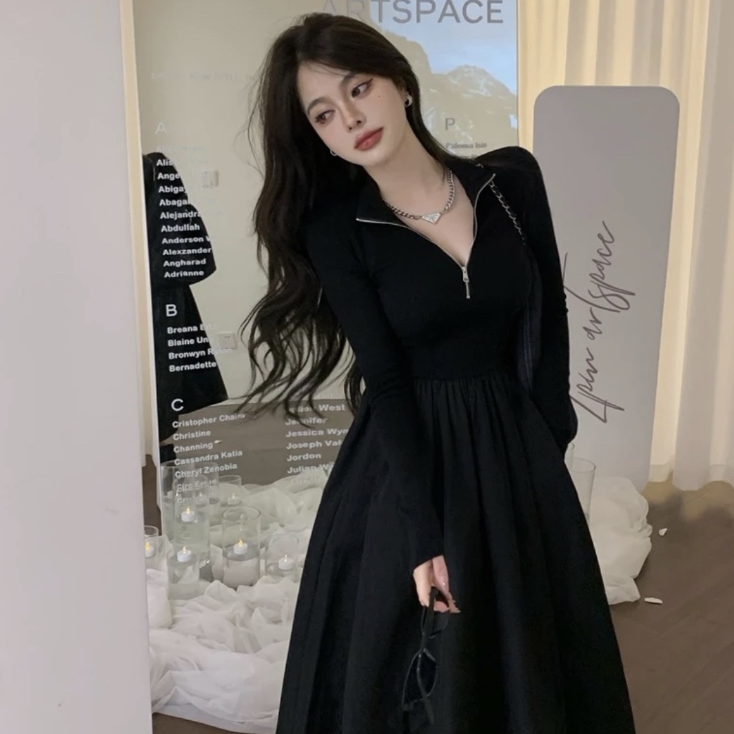 赫本风法式拉链黑色连衣裙秋季收腰显瘦气质长袖大摆裙23110#0.08