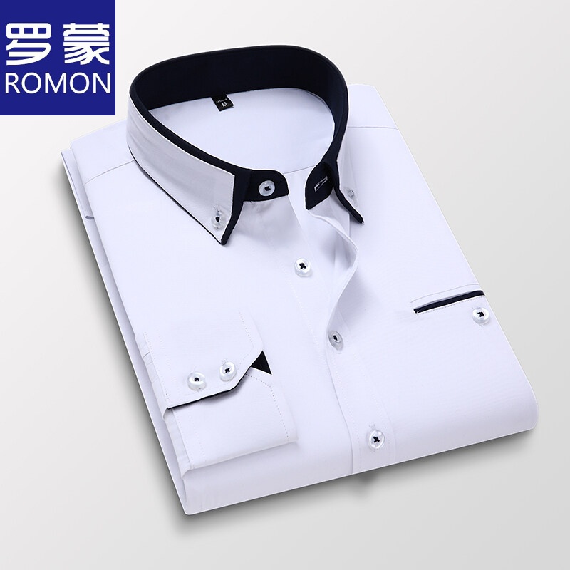 Romon/罗蒙罗蒙休闲衬衫男士长袖修身白色夏季纯色职业「龙年穿搭」