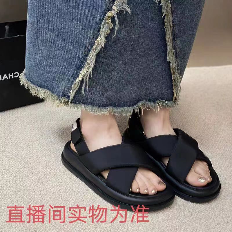 1603千 厚底交叉带凉鞋新款休闲百搭露趾魔术贴软底鞋潮