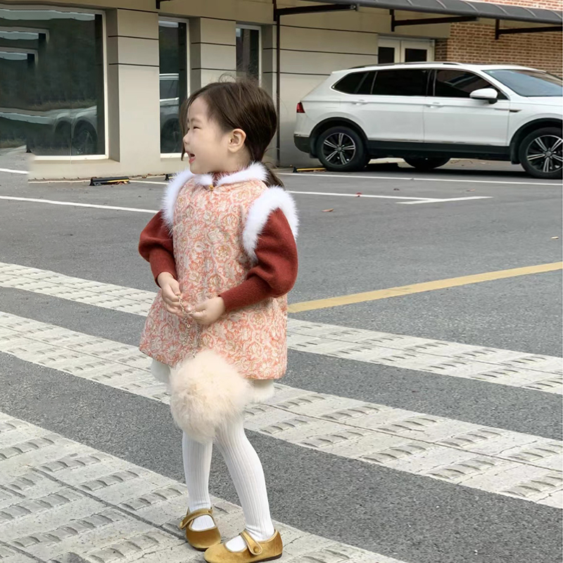 RY2901女童冬款2023新款棉服马甲保暖外套女宝宝中国风复古拜年服