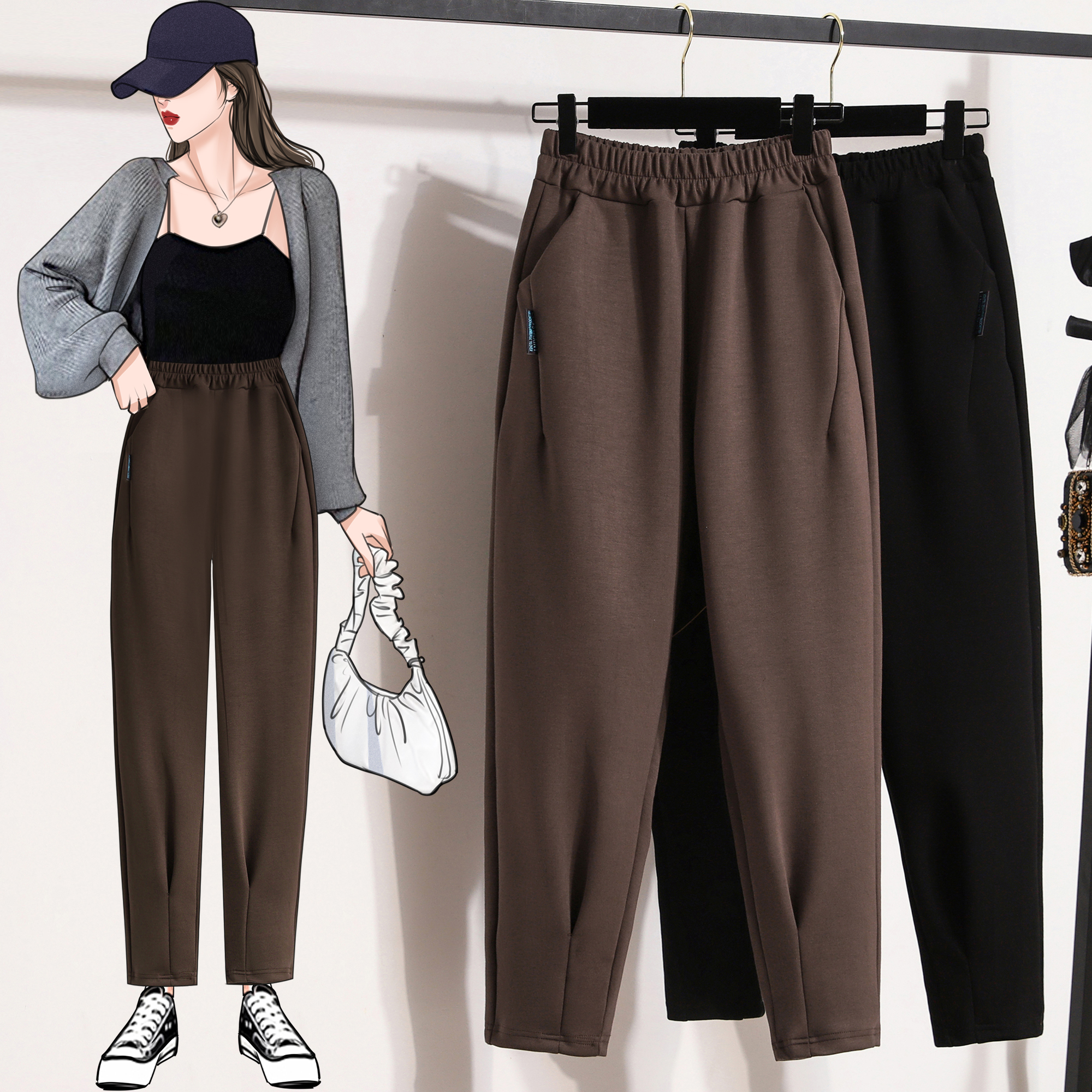 大码秋季新款显瘦高腰直筒九分哈伦裤休闲裤女萝卜烟管裤-MXN9008