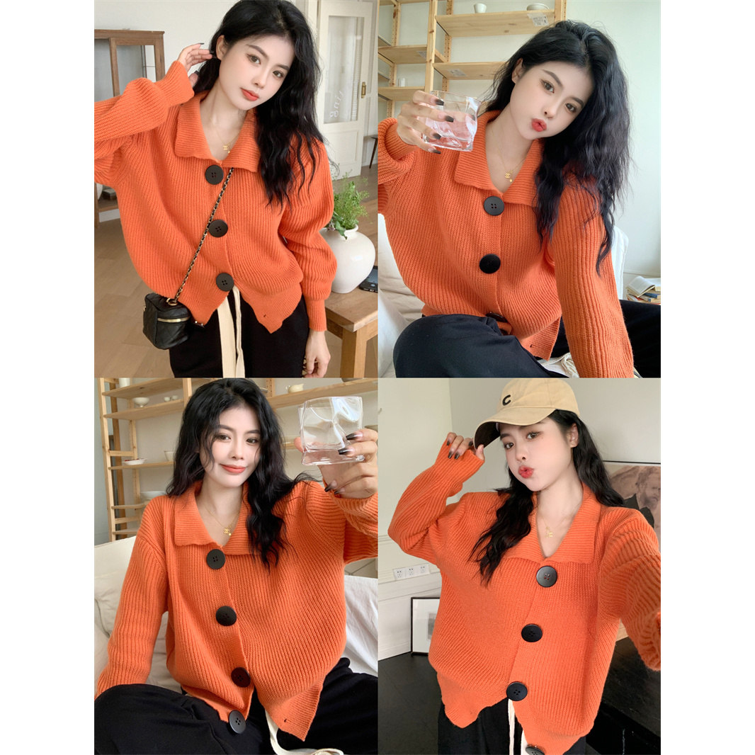 新款大码女装翻领大扣长袖针织开衫慵懒风宽松毛衣外套-CLDM6878