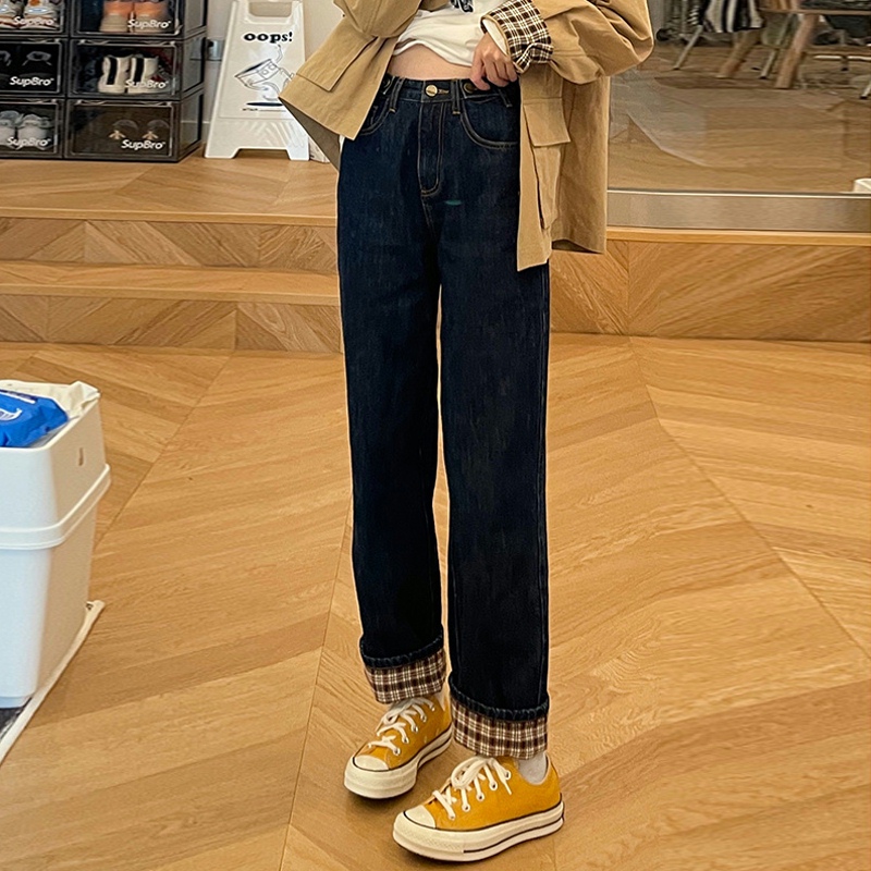 Q深蓝色卷边牛仔裤女春秋新款大码高腰显瘦宽松直筒裤子-HMDM4080