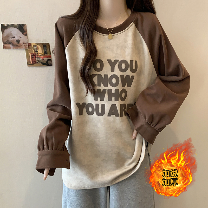 秋冬装新款胖mm大码女装时尚百搭字母印绒加厚卫衣上衣-ONL31727