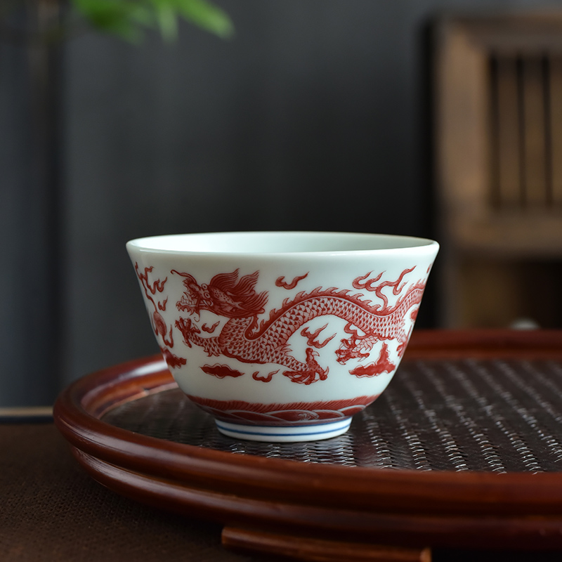 仿古斗彩矾红龙凤主人杯家用陶瓷釉下彩大容量品茗杯茶盏茶碗单杯