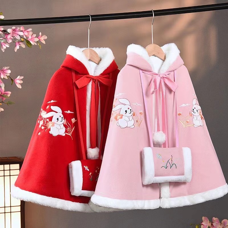 儿童披风斗篷加绒加厚女童汉服宝宝外出保暖防风喜庆拜年服秋冬季
