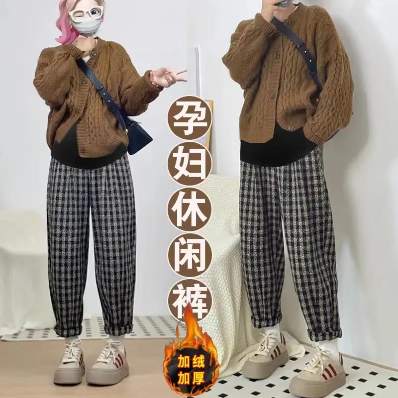 2023孕妇格子裤秋冬新款九分休闲裤女加绒加厚新款毛呢哈伦老爹裤