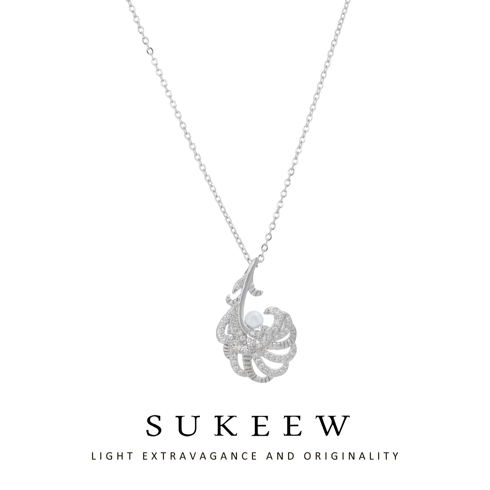 SUKEEW/酥可 坠链均925银合成锆石 镶嵌羽毛单珠吊坠项链090829