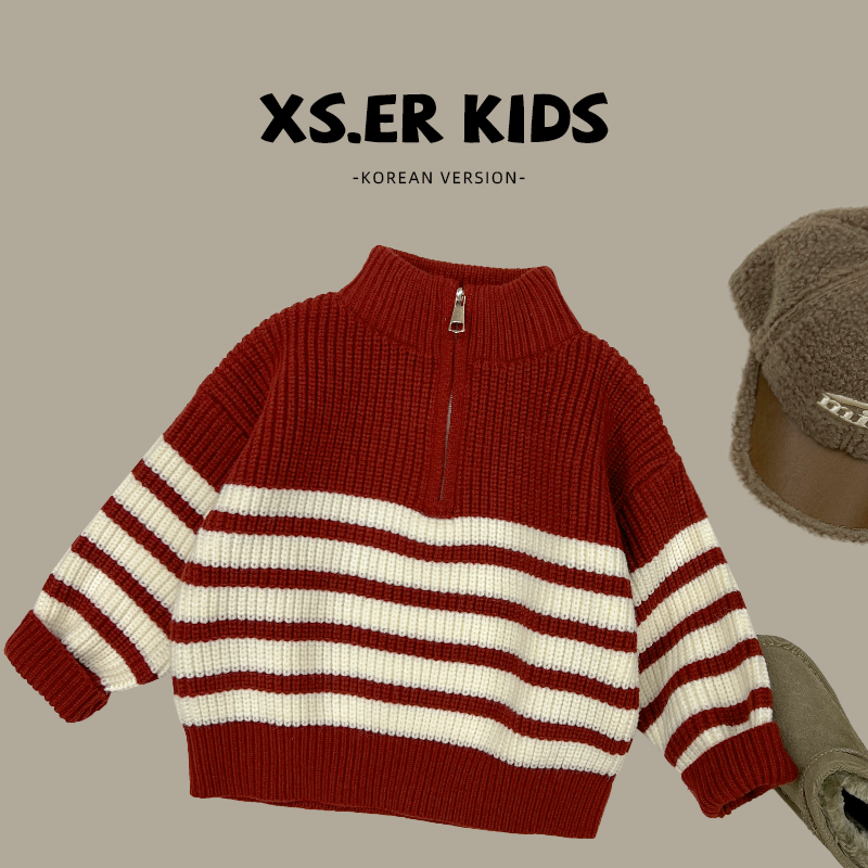 【现货】男童韩版洋气针织上衣冬季时尚休闲加厚条纹毛衣YY9305