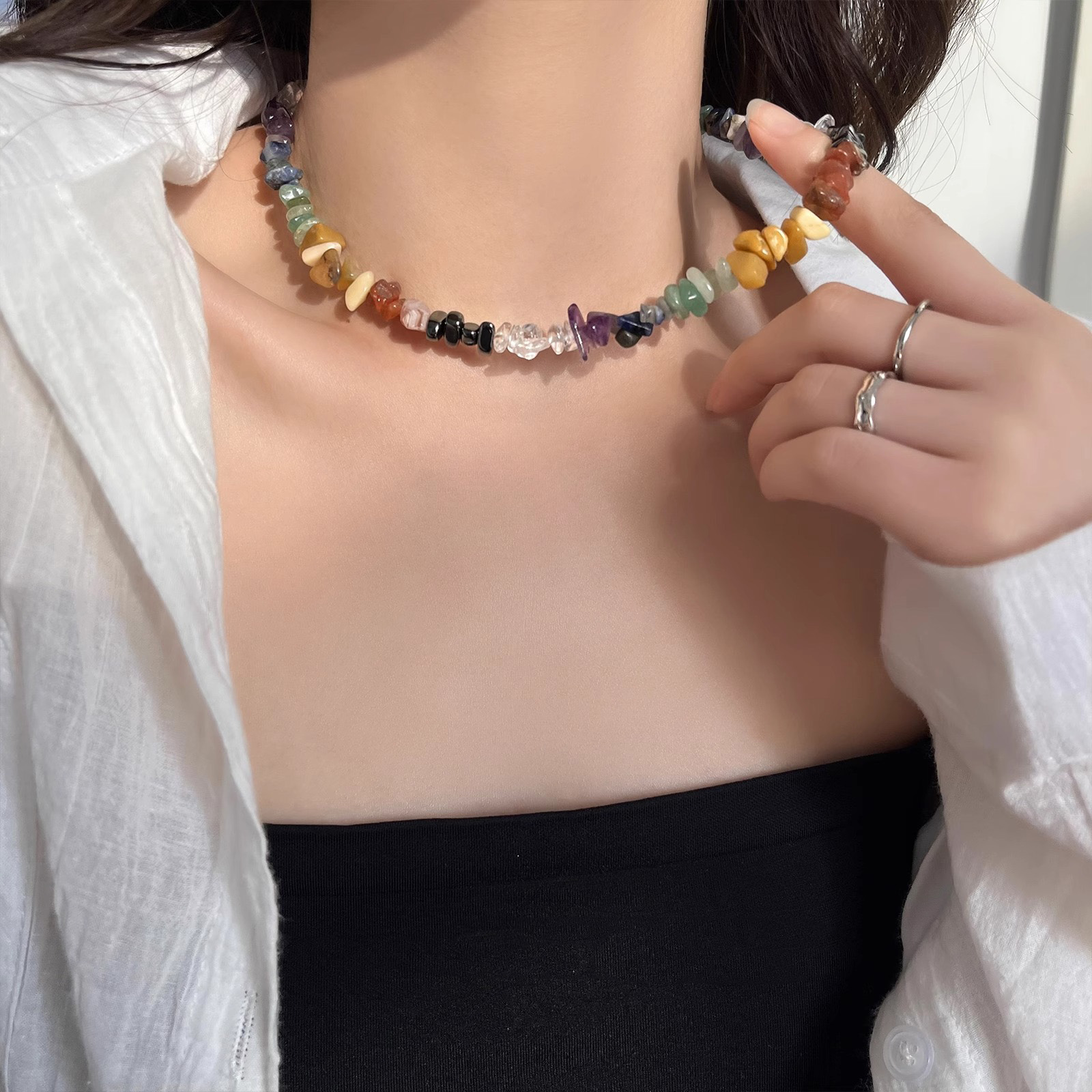 钛钢项链 甜酷辣妹彩色串珠项链女夏ins潮轻奢小众高级锁骨链配饰