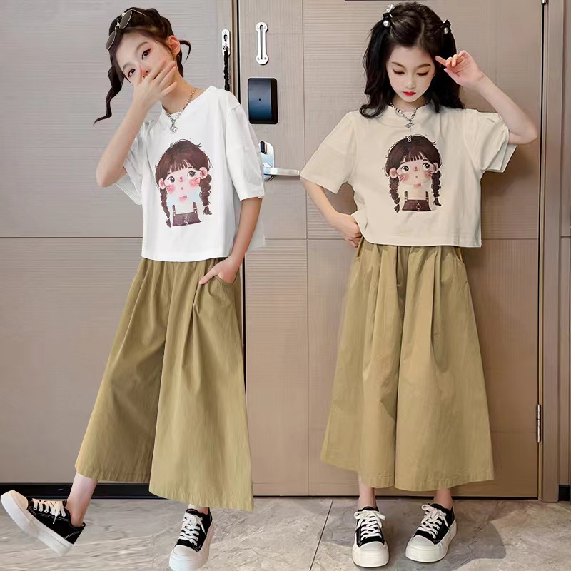 女童套装夏季2024新款儿童时尚休闲阔腿裤女孩大童裙裤韩版两件套