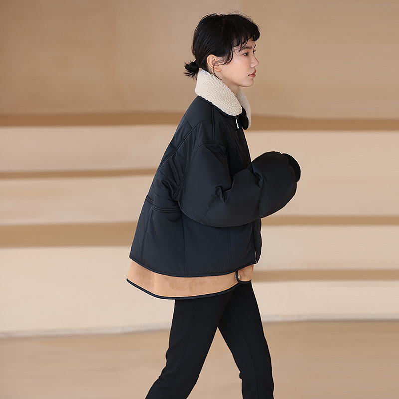 【陈西贝专属】哈齿小姐设计款撞色羊羔毛领拼接绗棉衣外套女