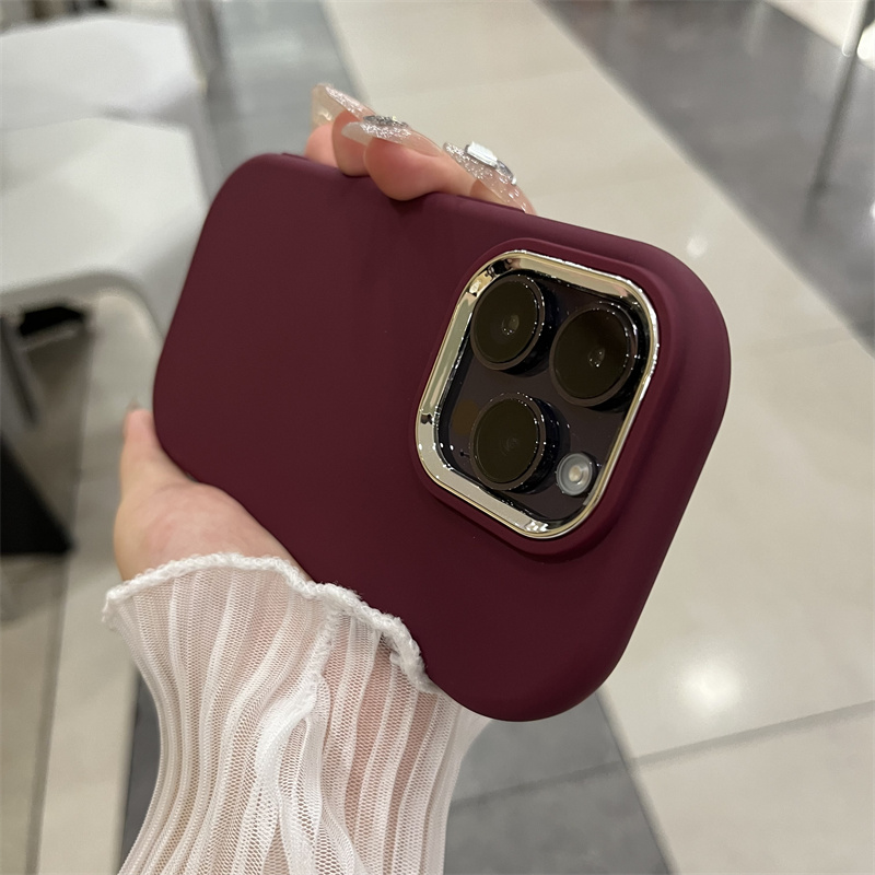 椭圆酒红色电镀镜框iphone15promax手机壳苹果14plus/13全包12女