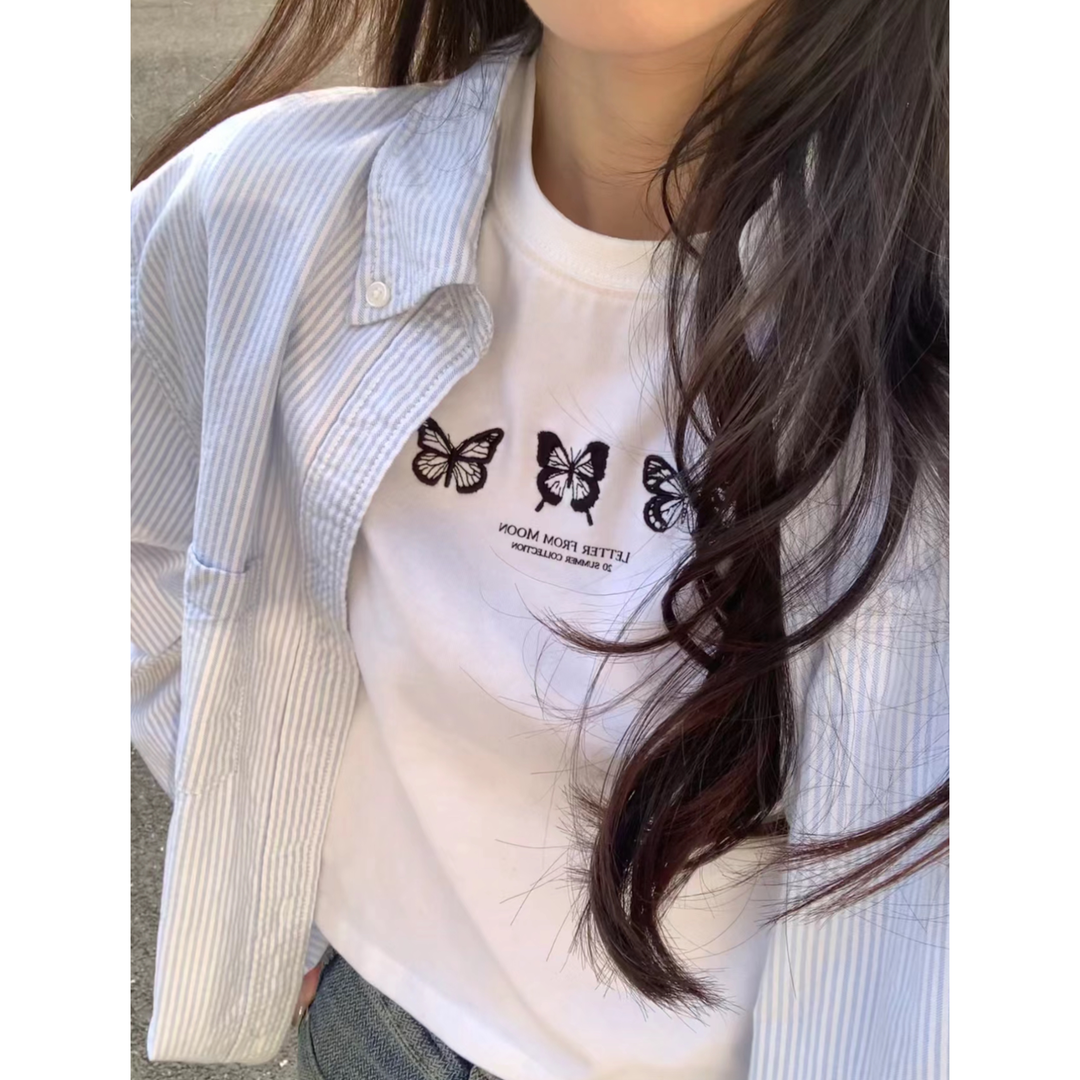 Q【条纹韵律】蓝色条纹衬衫D018