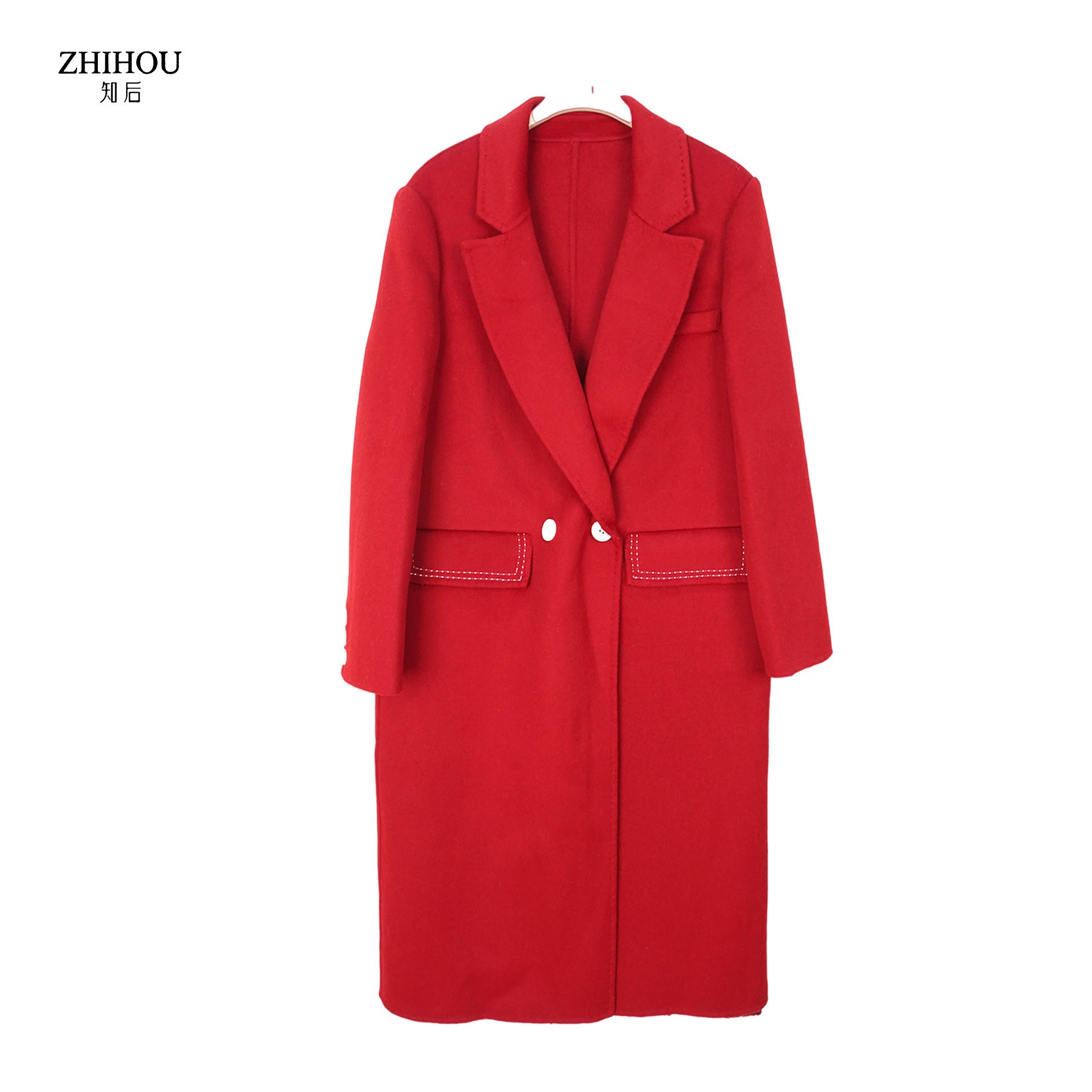 「ZHIHOU」DY6618时尚翻领红色明线设计简约百搭款大衣