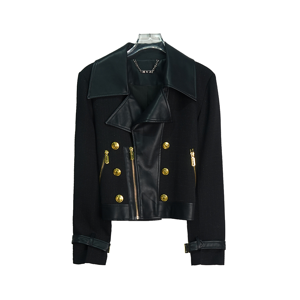 X24163【上新】时尚欧式高端撞色拼接翻领外套修身百搭短外套3Q