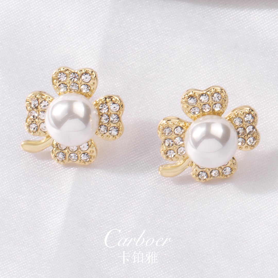 铜合金玻璃耳饰 【秋婳】时尚百搭气质小众设计精致款四叶花耳环