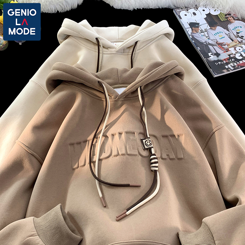 GENIOLAMODE秋冬2023新款重磅连帽卫衣加绒加厚慵懒风奥利绒外套
