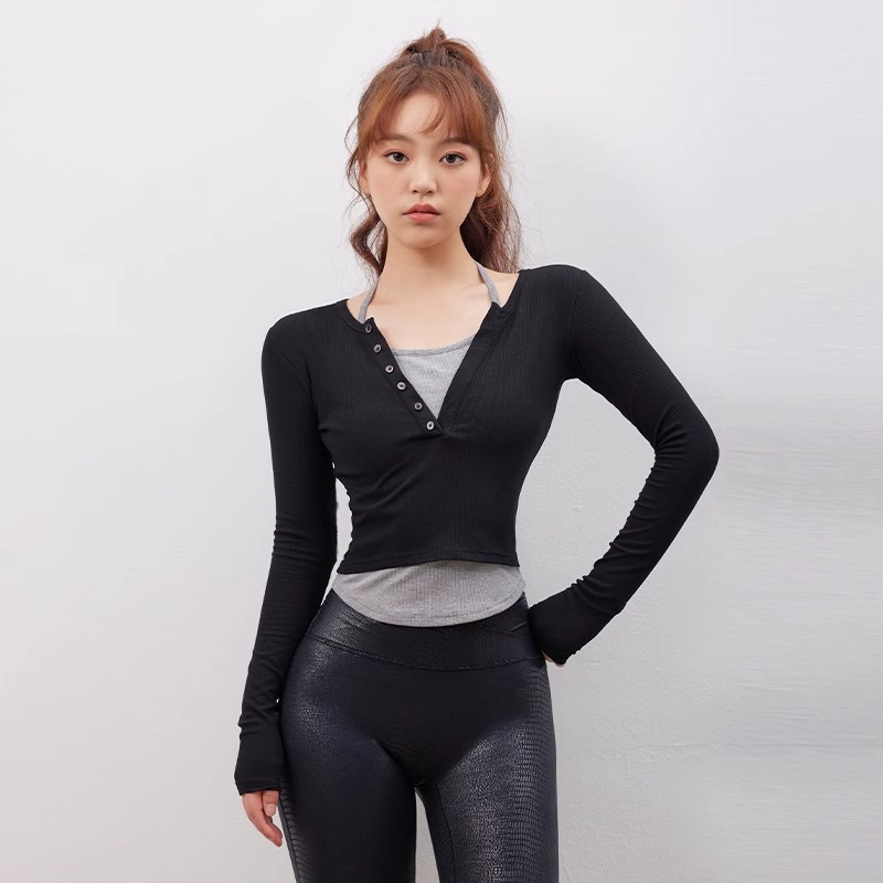 MITAOGIRL 假两件拼接瑜伽服挂脖V领撞色长袖修身打底健身服2434
