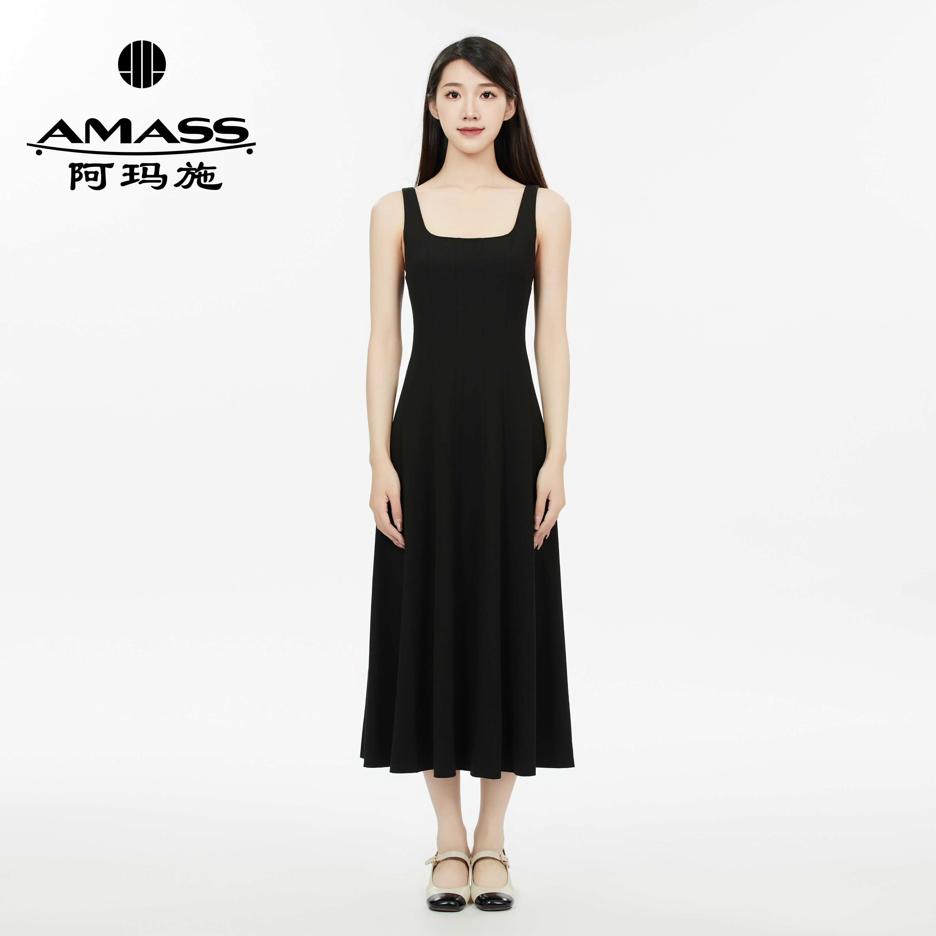 AMASS/阿玛施新款气质复古纯色无袖连衣裙长裙收腰洋装5500546