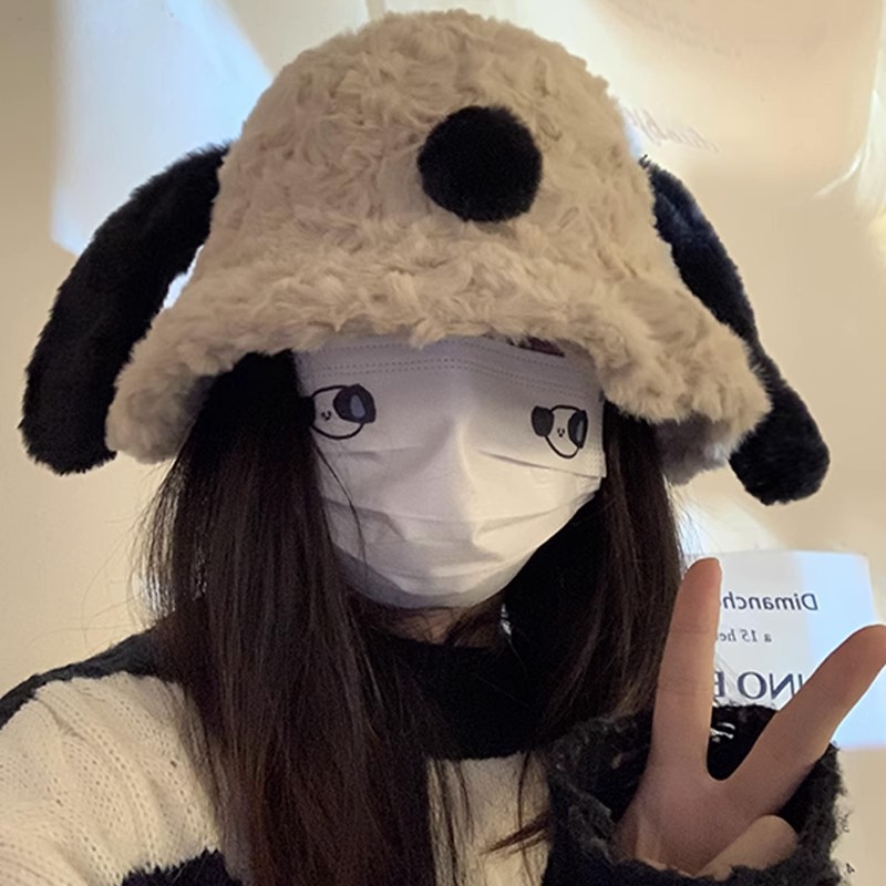 毛绒渔夫帽女秋冬季韩版百搭显脸小保暖水桶盆帽小狗款搞怪风帽子