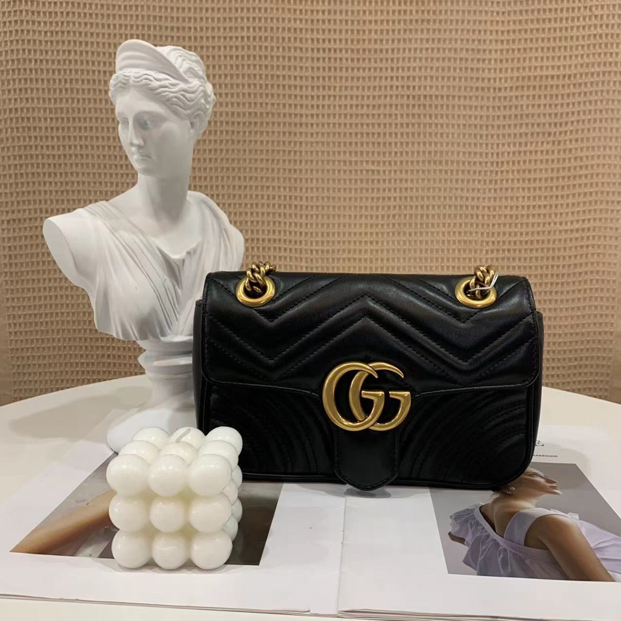 99新 GUCCI/古驰 marmont22黑金单肩斜挎单肩包/公价18500/严选
