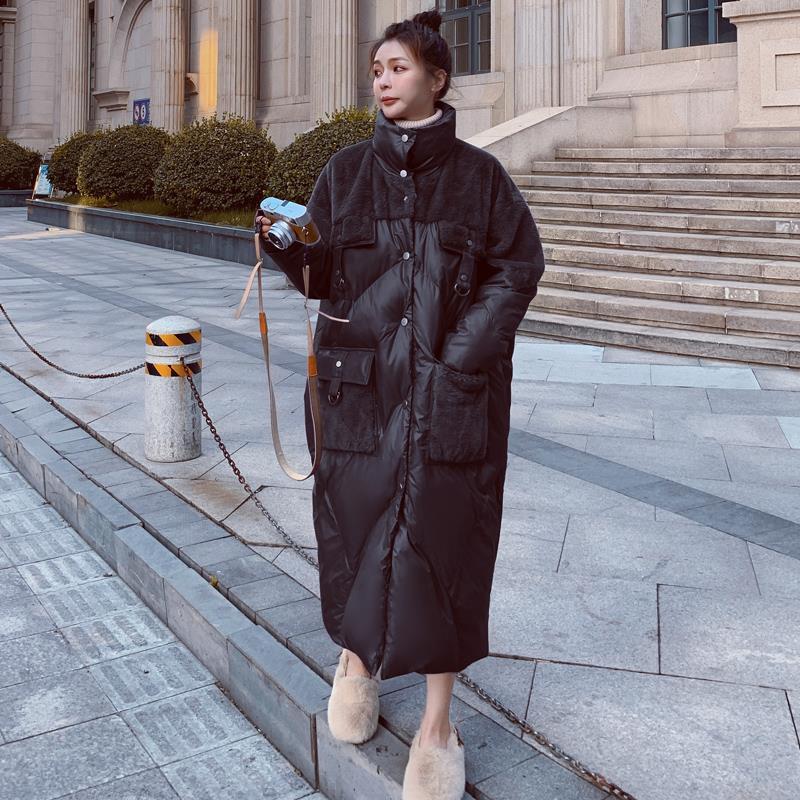 兔毛拼接棉服女中长款2023冬季新款宽松过膝加厚时尚立领棉衣潮流