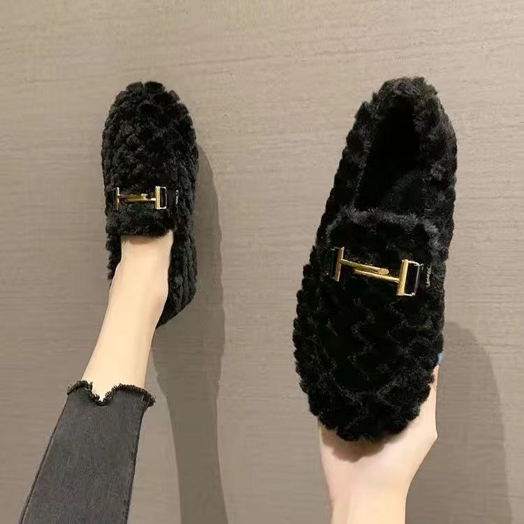 毛毛鞋女秋冬季外穿2023新款加绒棉鞋平底百搭韩版一脚蹬豆豆鞋女