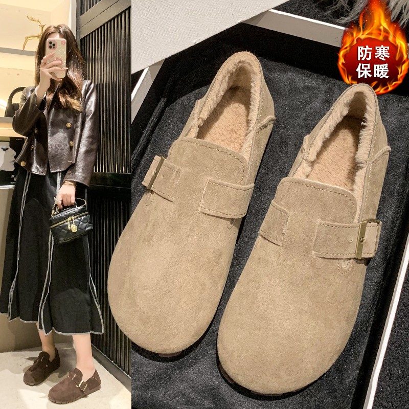 【思】加绒豆豆鞋女保暖2023年冬季新款平底一脚蹬棉鞋外穿勃肯鞋