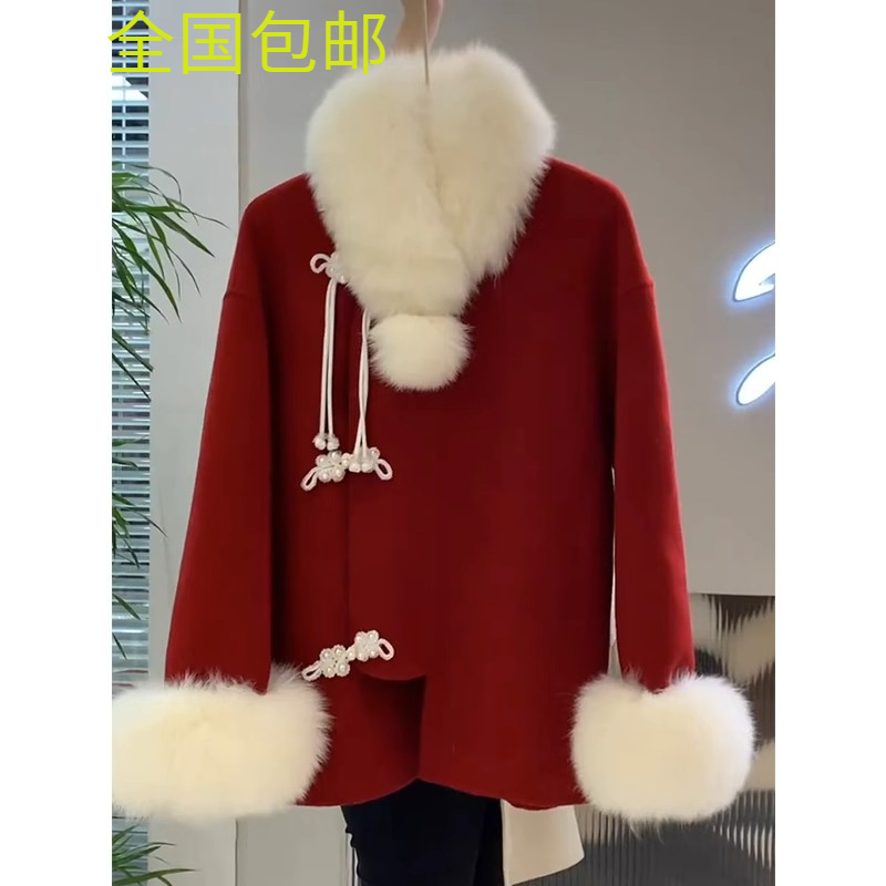 2023新中式国风盘扣大衣高级感新年战袍圣诞红色短款毛呢时尚保暖