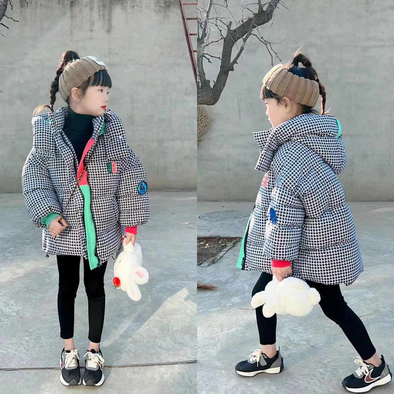 女童冬季韩版千鸟格中长款棉服外套