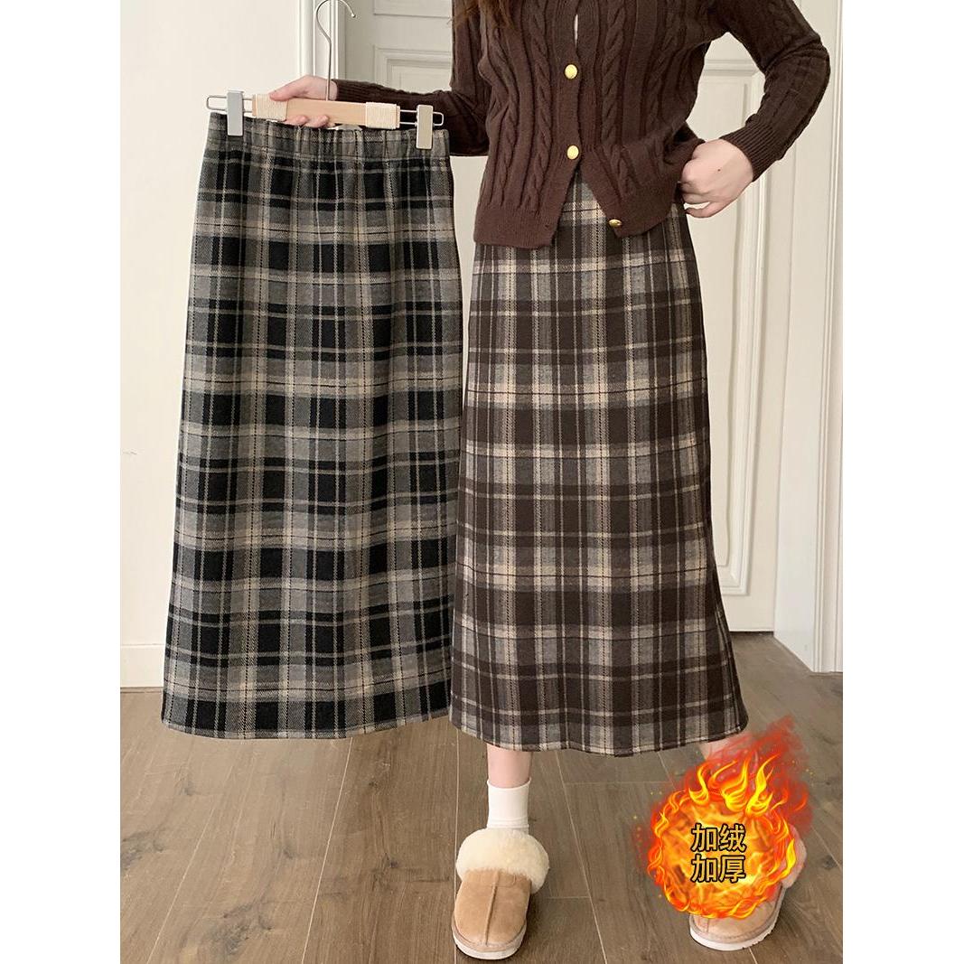 18450#春装新款大码女胖mm加厚高腰显瘦长裙ch格子毛呢半身裙