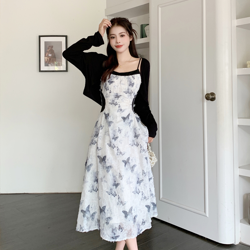 大码女装胖妹妹显瘦法式碎花蝴蝶收腰吊带连衣裙长裙防晒衫两件套
