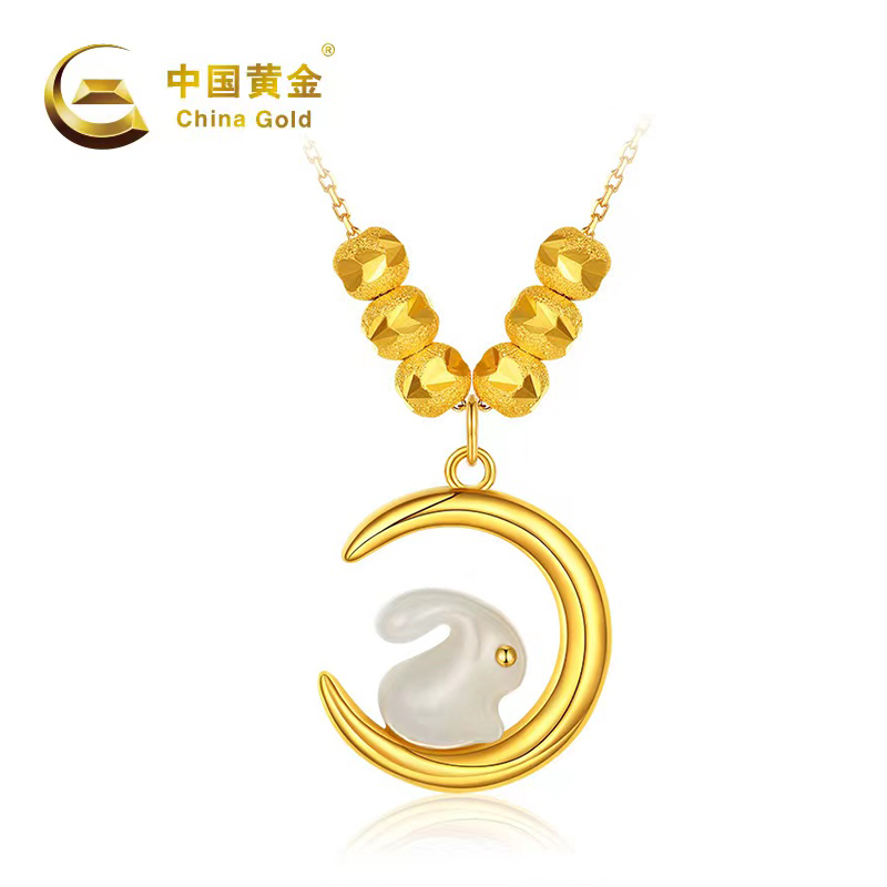 China Gold/中国黄金大有前兔S925银镶和田玉转运珠套链可爱简约