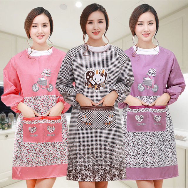 薄款不沾毛长袖围裙厨房家用女士防污有袖罩衣大人家务可爱工作服