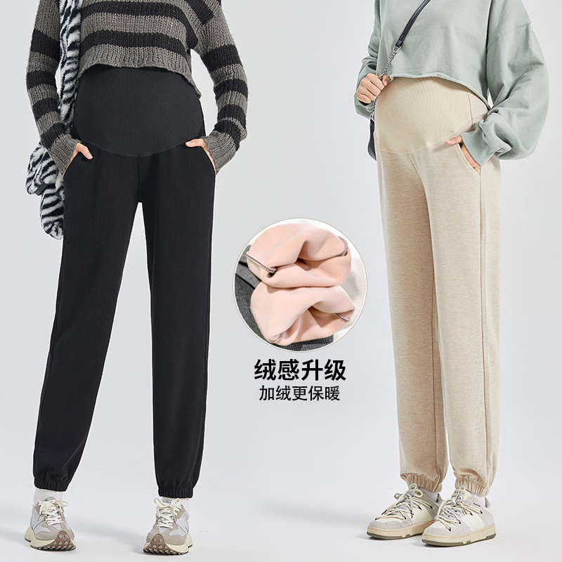 孕期冬季加厚加绒运动风束脚卫裤托腹裤调节带无痕托腹孕初期裤子