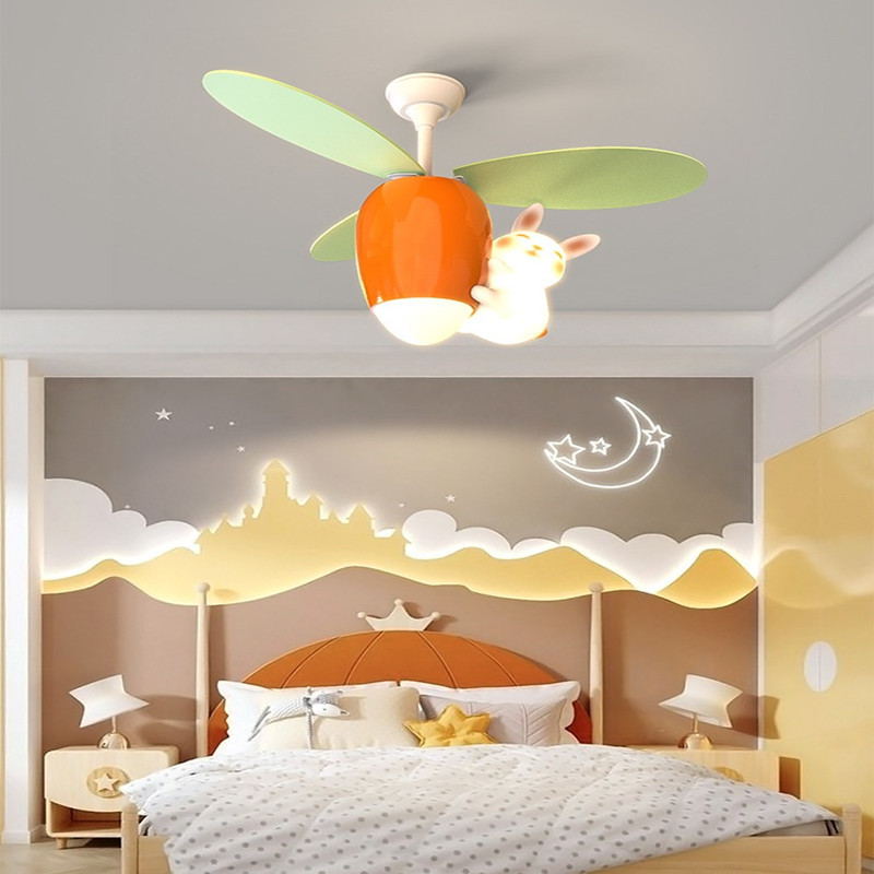 儿童房吊扇灯卧室书房新款创意个性萌兔胡萝卜造型灯女孩风扇灯