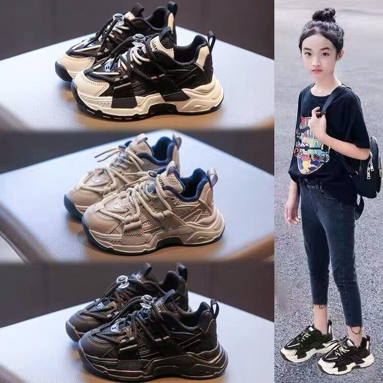 安踏流行女童老爹鞋2023春秋季新款男大童跑步运动鞋软底透气黑色