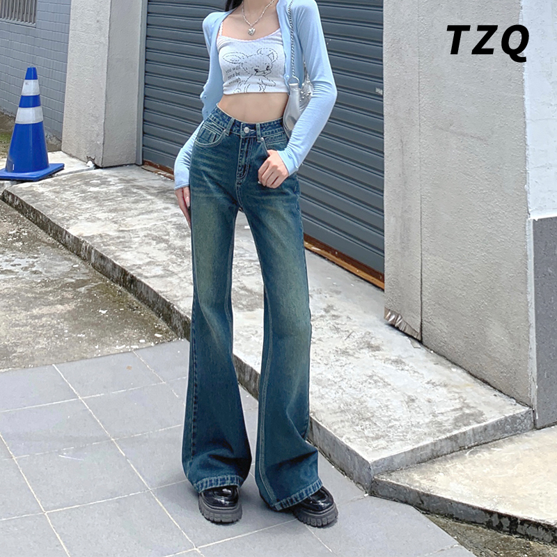 高腰宽松显瘦微喇牛仔裤女爆款2023新款复古拖地马蹄喇叭裤子春秋