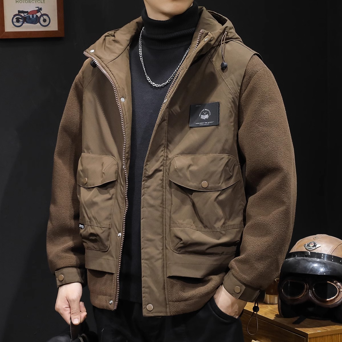 JJ美式棉衣外套男士秋冬季保暖加厚2023新款潮牌连帽休闲工装上衣