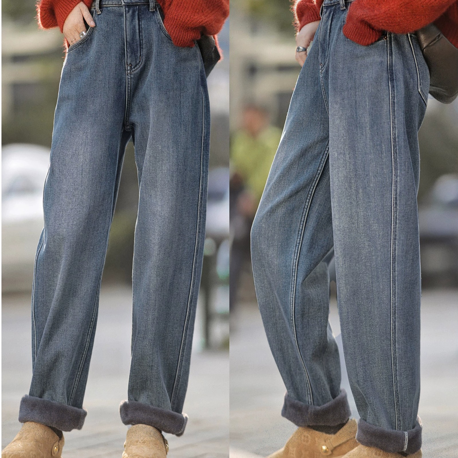 不撞款小众复古牛仔阔腿裤女秋冬加绒加厚烟管裤百搭显瘦拖地长裤