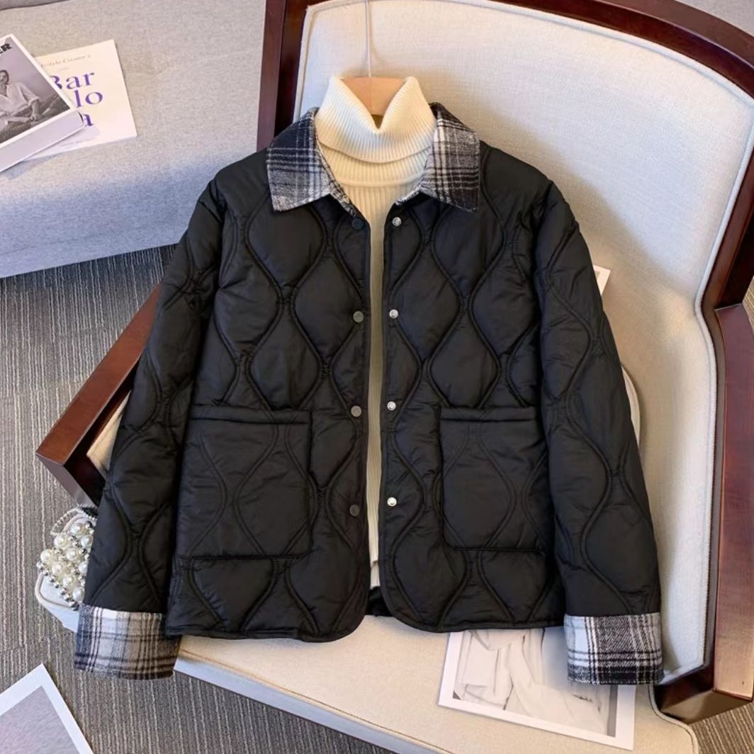 秋冬港风宽松学生拼接格子衫假两件棉服22505款