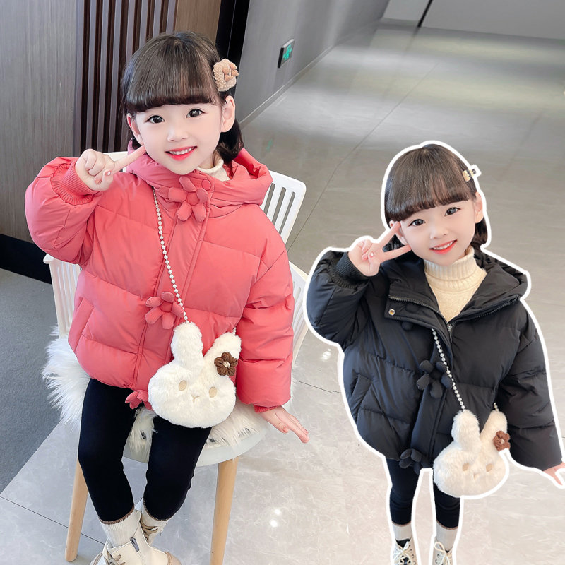 女童羽绒服2023新款洋气宝宝冬装小女孩花朵短款加厚白鸭绒外套冬