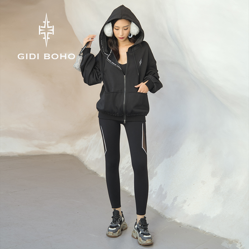 GIDI BOHO/极地薄荷秋冬新款宽松运动户外黑色卫衣外套高腰瑜伽裤