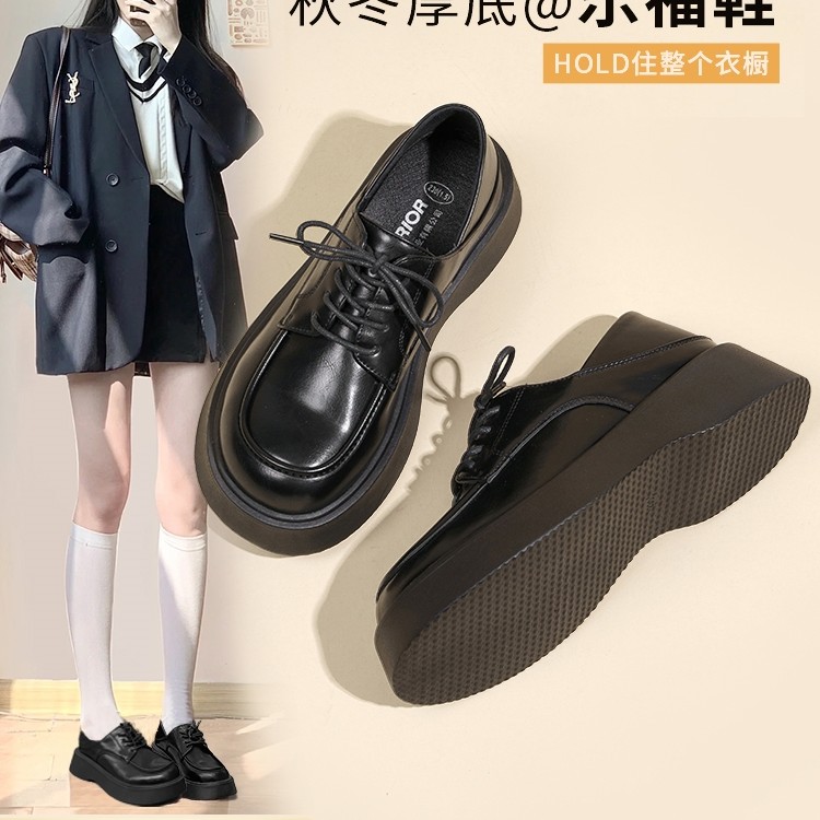 英伦风小皮鞋女2023春夏新款黑色单鞋百搭鞋子松糕厚底乐福鞋女鞋