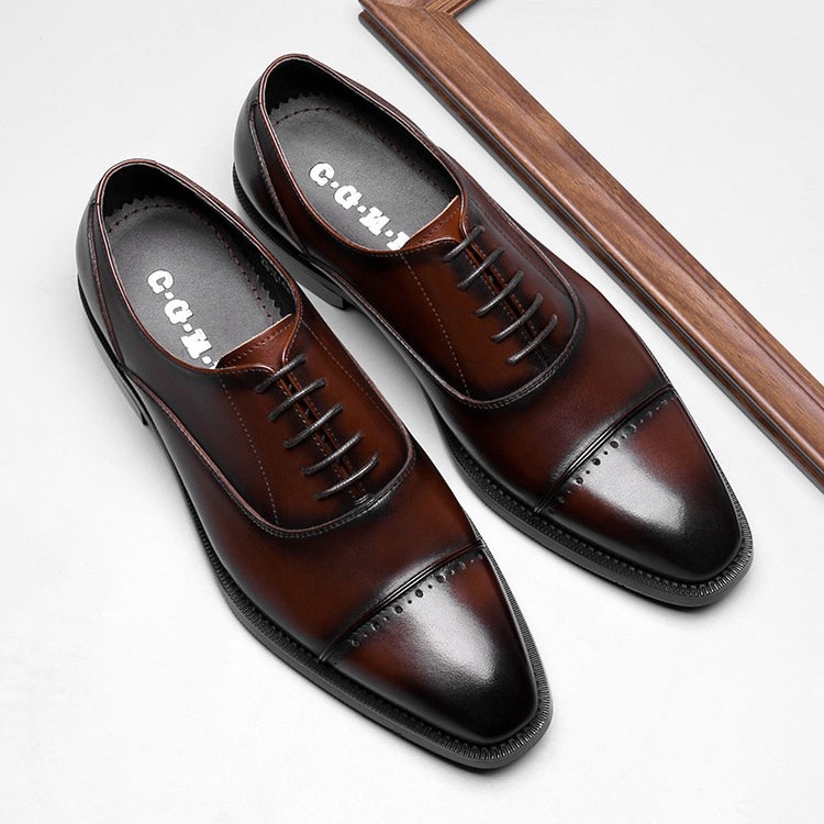 固特异手工皮鞋男正装商务系带尖头三接头皮鞋潮流复古英伦男鞋子