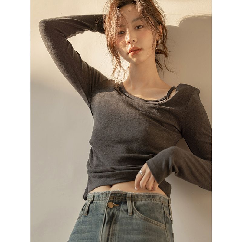 高级感通勤设计感假两件修身显瘦纯色打底衫百搭长袖T恤女秋冬新